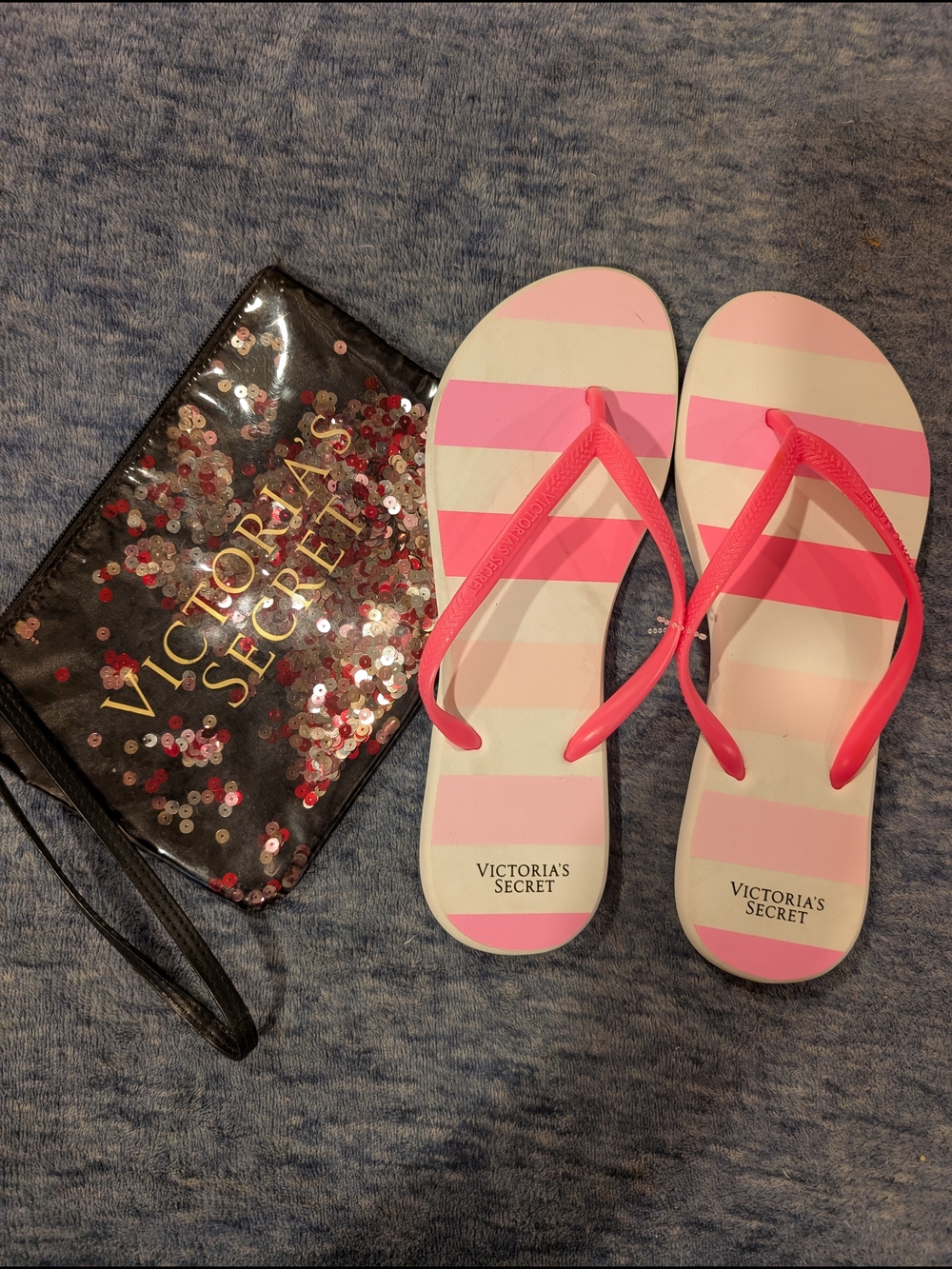 Victoria's Secret Pink & White Striped Flip Flops with Sequin Wristlet